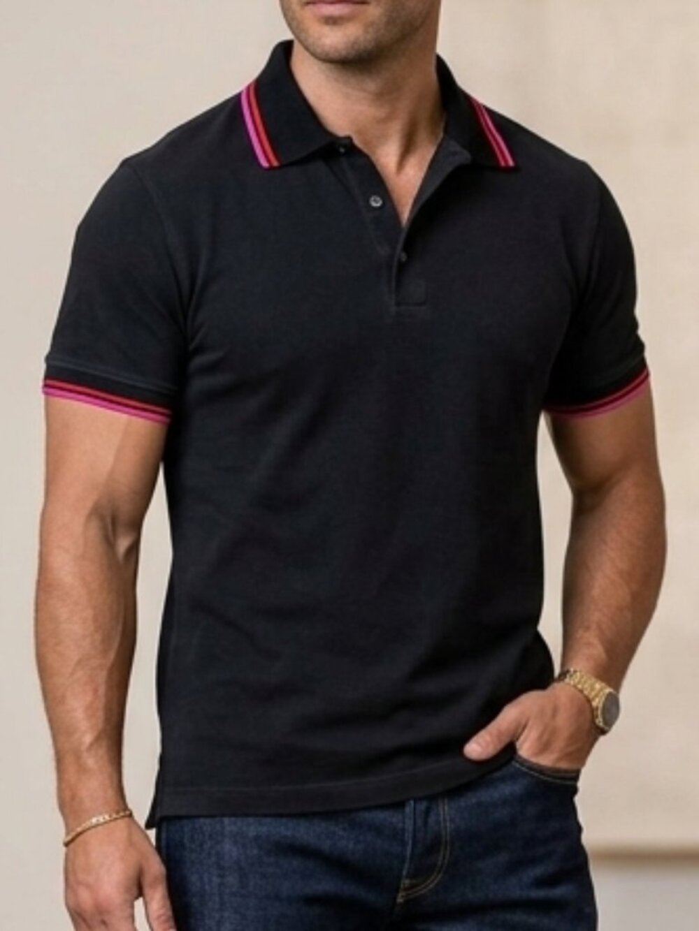 Vintage 90s Gianni Versace Couture Black Polo with Red + Hot Pink Stripe Trim